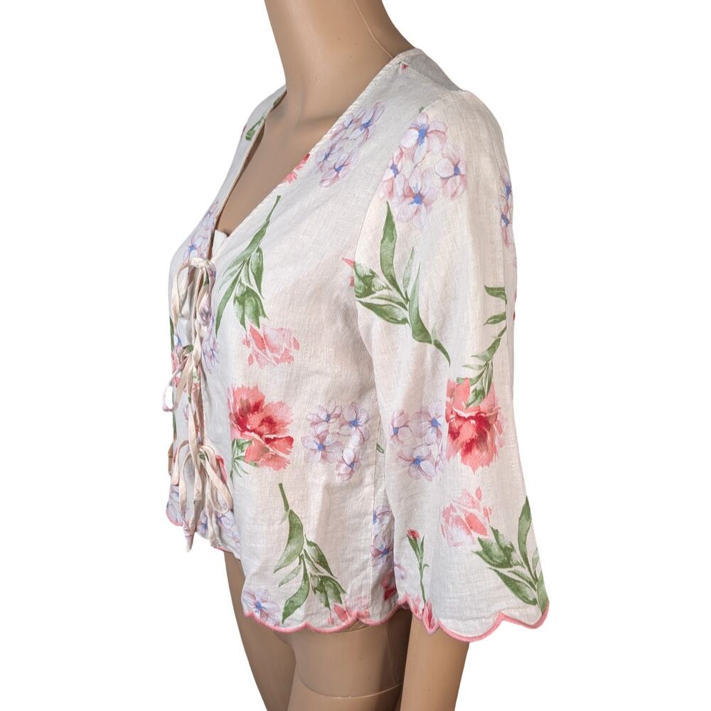 Laura Ashley Ivory Pink Floral Linen Blend Tie-Front Blouse Scalloped Hem XS - Picture 7 of 12